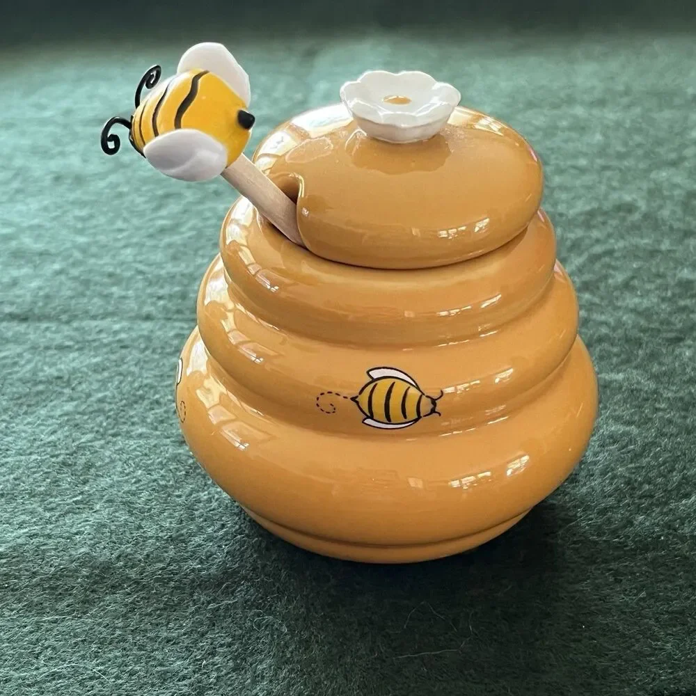 Mini Honey Pot Ceramic Jar & Wood Dipper Joie MSC Beehive with Bee Dipper